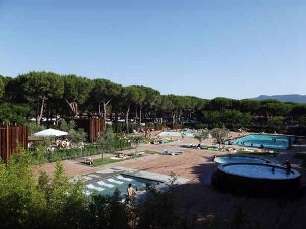 Complesso di piscine circondate da alberi e spazi verdi.
