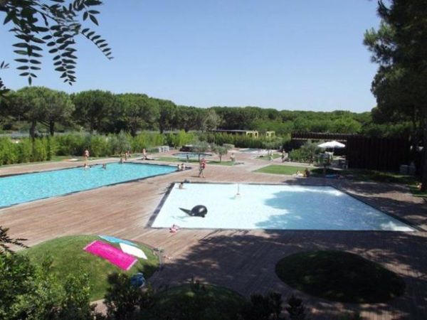 Due piscine all'aperto circondate da alberi e area verde.