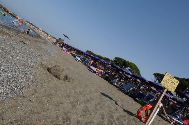 Una spiaggia con ombrelloni blu e viola, persone in acqua e cartello giallo sulla sabbia.
