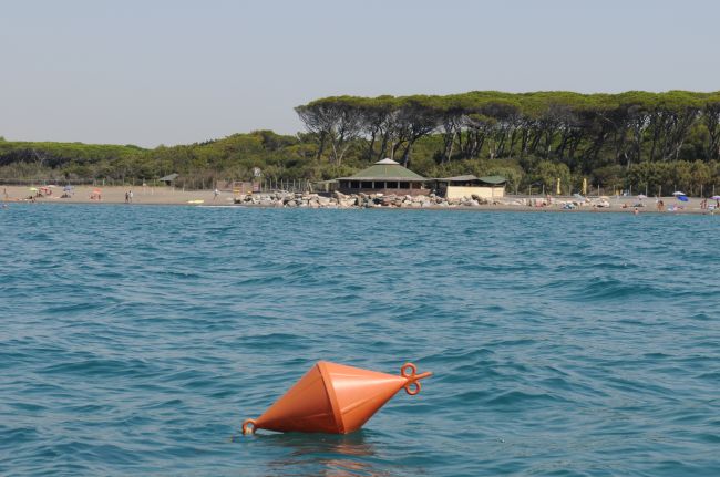 Mare con boa arancione e spiaggia con vegetazione e edificio sullo sfondo.