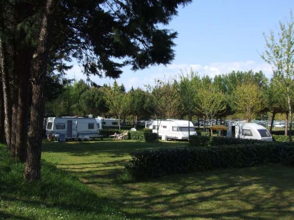Area campeggio con caravan bianche circondate da alberi e siepi verdi sotto cieli blu.