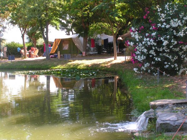Una tenda campeggio vicino a un laghetto con fiori e alberi.