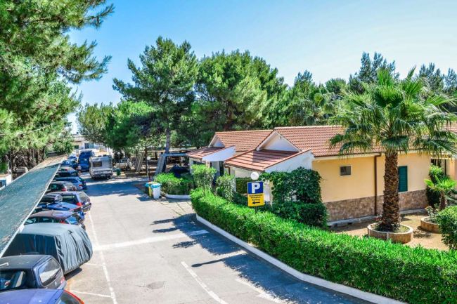 Parcheggio con bungalow e alberi.