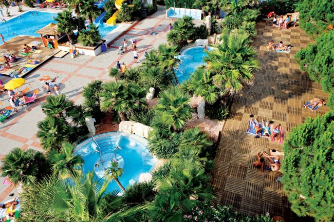 Complesso di piscine circondate da palme.